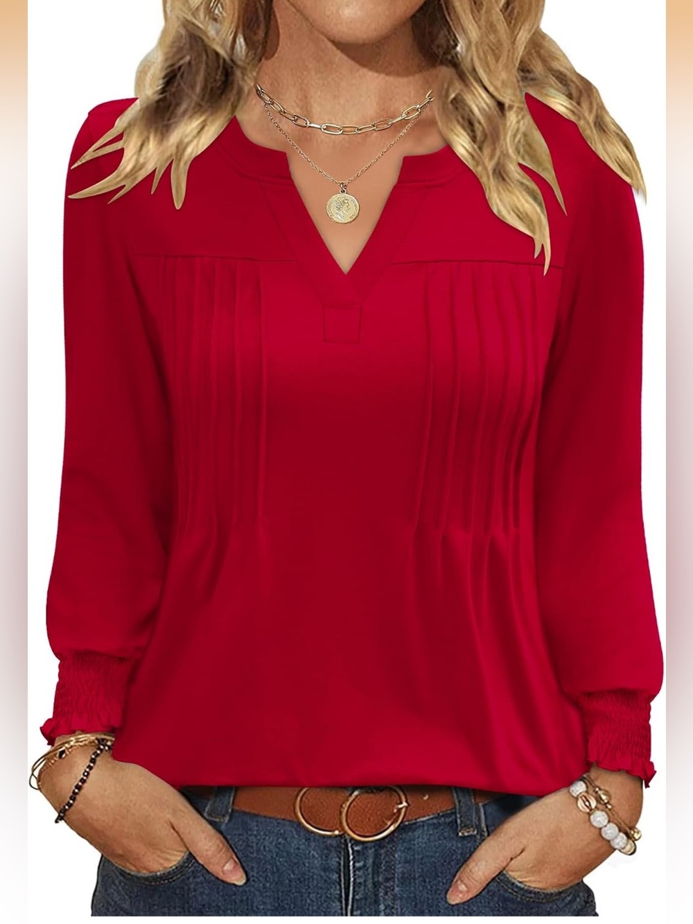 Amazon Red V-Neck Pintuck Blouse